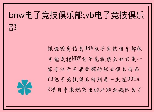 bnw电子竞技俱乐部;yb电子竞技俱乐部
